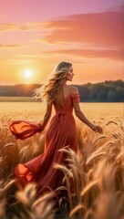 Naklejka premium Beautiful Woman in Red Dress in the Oat Field. The Mature Oats Sway Gently in the Breeze, their Golden Heads Glowing Warmly, Surrounded by Golden Light. Woman Model in the Oat Field.