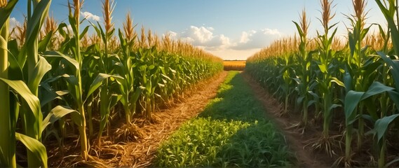 An Awe-Inspiring Vista of a Vast Corn Field, Boasting an Abundant Harvest Under a Wide Expanse of Sky. Sprawling Corn Field Under the Golden Light. Golden Sunset Casts  Warm Light Over a Lush Corn. 