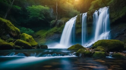 An Enchanting Waterfall. A Hidden Waterfall in the Depths of a Dense Forest. Jungle Waterfall Cascade in Tropical Rain Forest with Blue Pond.
