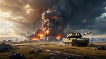 An Intense and Dramatic Depiction of an Atomic Conflict Between the Superpowers. A City Hit by an Atomic Bomb. Tank on the Battlefield. Catastrophic Consequences of War.
