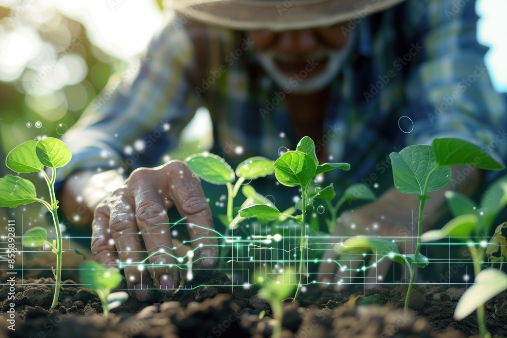 Poster analyzing crop growth with holographic technology in the field background. close-up of hands inspect