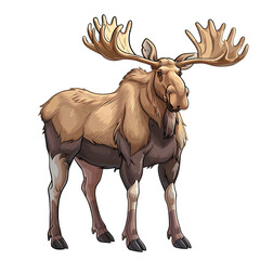 Illustrated majestic moose with large antlers standing proudly isolated on transparency background, PNG cut out, showcasing its impressive presence in nature on a white background.