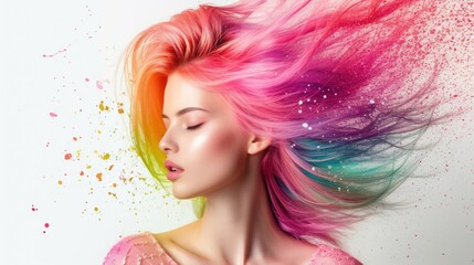 Beauty Fashion Model Portrait pink hair color. Bob Short Haircut. Fringe Hairstyle. Hairdressing. Beautiful Glamour Girl with Short blonde hair