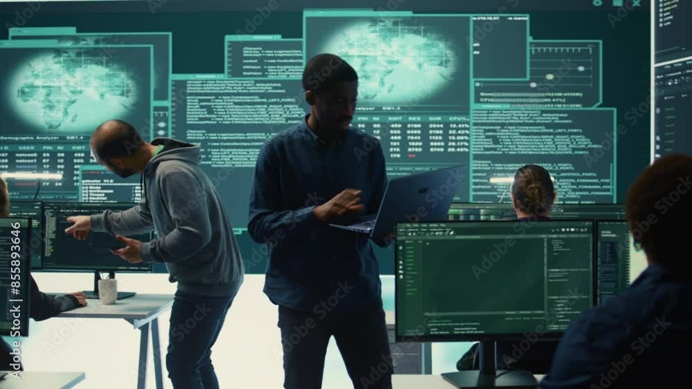 Poster cyber investigation team working in a governmental hacking room, working on computer security and ph