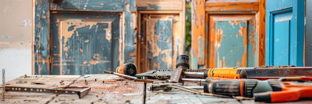 Poster tools and materials lay on a wooden surface in front of old and new doors during a professional door