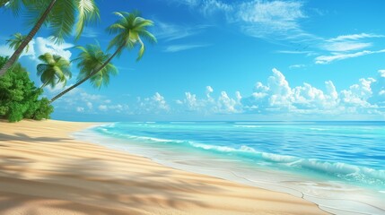 Cartoon, beautiful beach with palm trees and blue sky, ideal for summer and vacation-themed designs and illustrations.