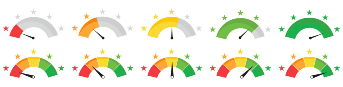 Speedometer feedback with star rating. Customer satisfaction gauge meter collection