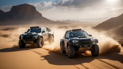 Fototapeta premium Desert Rally. 4X4 in the Dakar Desert Rally. Sports Car Racing through Desert. Off-Road Pickup Truck in the Desert Sand. Off-Road Pickup Truck in the Desert Sand.