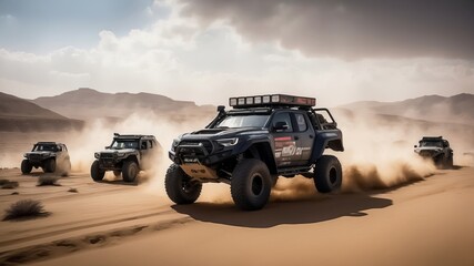 Desert Rally. 4X4 in the Dakar Desert Rally. Sports Car Racing through Desert. Off-Road Pickup Truck in the Desert Sand. Off-Road Pickup Truck in the Desert Sand.