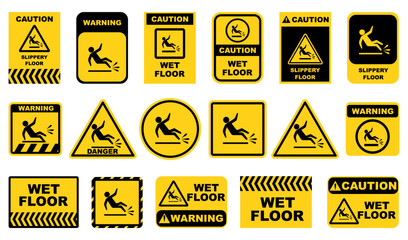 Obraz premium Wet floor signs. Caution orange signs plate collection. Wet floor, stairways, electric shock, watch your step hazard plates
