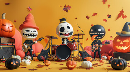 A group of skeleton figurines are posed in front of pumpkins