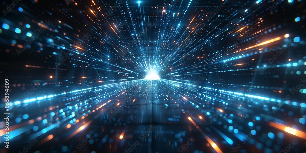 Wall mural abstract, futuristic background with blue glowing light rays and a grid pattern, perfect for tech an