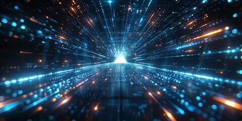 Abstract, futuristic background with blue glowing light rays and a grid pattern, perfect for tech and digital themes.