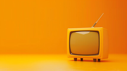 A yellow retro TV on an orange background, minimalist style, simple and clean, wallpaper type photo with a flat screen