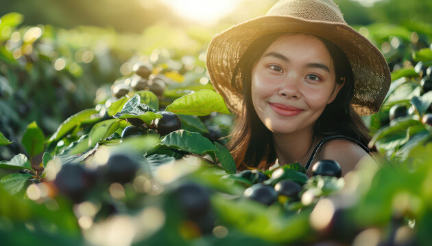 A Woman Amongst Fresh Blueberry Bushes in a Sunny Garden, Wearing a Straw Hat and Smiling While Harvesting Ripe Fruits During Summer A Picturesque Scene of Joyful Berry Picking Outdoors