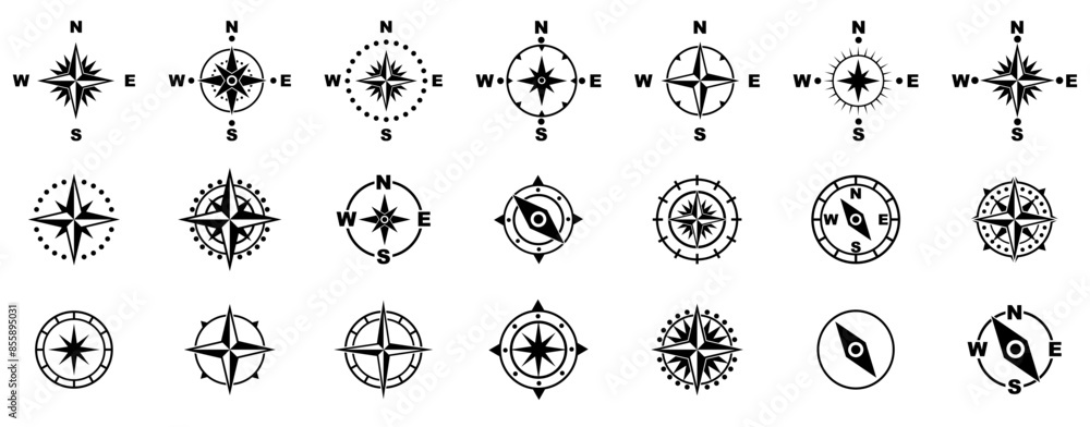 Poster black navigation compass icon collection. set of abstract compass icons