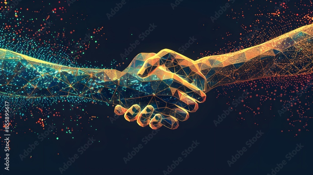 Poster pixelated hands extend from screens, symbolizing virtual collaboration and connection through a hand