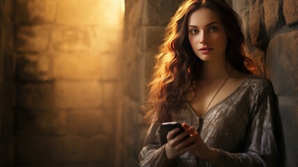 A gorgeous young woman snapping a selfie with ancient walls in the background