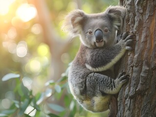 Obraz premium Adorable Koala Clinging to Eucalyptus Tree in Peaceful Forest Setting