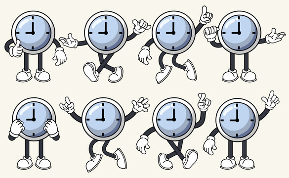 Set of 70s 80s groovy clock cartoon character vector. Collection of retro cartoon character. Mascot groovy cartoon vector illustration.