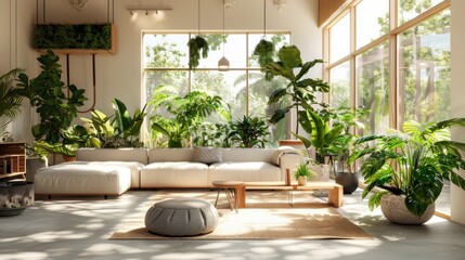 Fototapeta premium Bright, modern living room filled with lush green plants, natural light, and comfortable furniture for a tranquil atmosphere.