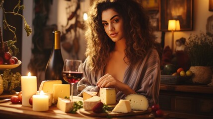 Captivating beauty enjoying local cheeses and wines in a cozy bistro