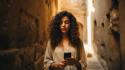 Captivating beauty taking a selfie in front of ancient walls