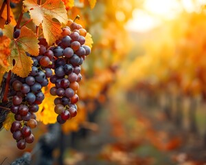 Ripe Grapes in Scenic Autumn Vineyard with Colorful Foliage