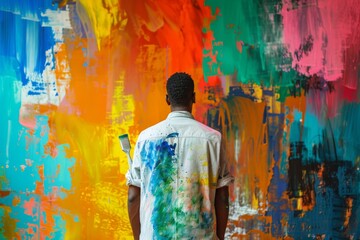 Man With Paint Tools In Hands And Painted Colorful Wall
