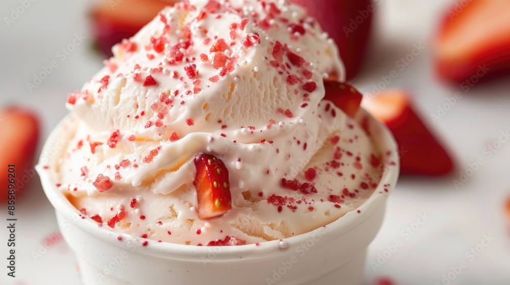 Poster frozen yogurt topped with sprinkled strawberries