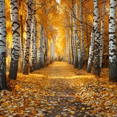 Obraz premium Peaceful Autumn Stroll Through a Golden Birch Forest Landscape