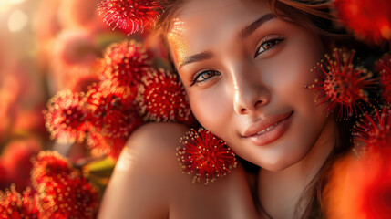 Radiant Woman Surrounded by Vibrant Red Flowers at Golden Hour Capturing Beauty and Nature in Perfect Harmony