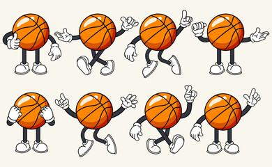Set of 70s 80s groovy basketball cartoon character vector. Collection of retro cartoon character. Mascot groovy cartoon vector illustration.