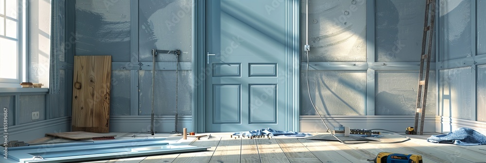 Poster a professional installation of a new door in a room with blue walls and sunlight streaming in. gener