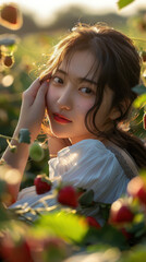 Serene Portrait of a Young Woman in a Vibrant Strawberry Field with Sunlit Backdrop Capturing Beauty and Nature