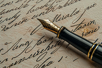 Fountain pen on an antique handwritten letter. Vintage nib pen and handwritten english cursive style font copperplate, spencerian. Old history background. Retro style
