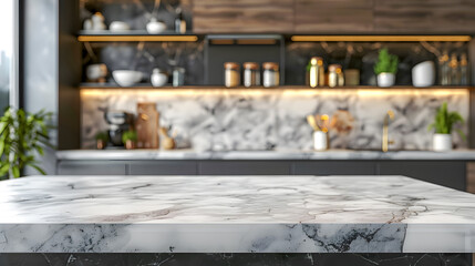 Marble counter tabletop with copy space over blurred modern kitchen background