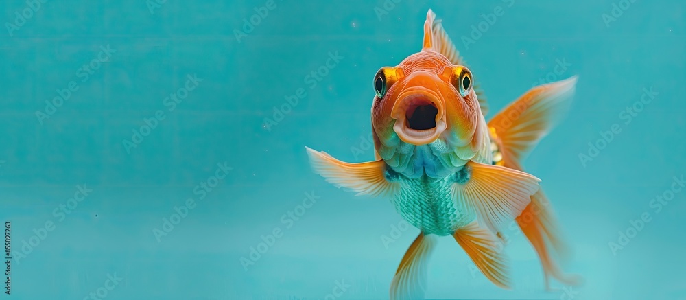 Poster front view of a lion's head goldfish opening mouth isolated on pastel background. copy space image. 