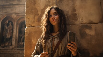 A beautiful young woman taking a selfie against the backdrop of ancient walls. --