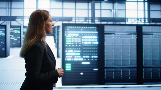 Engineer walking in data center workspace, monitoring systems to identify root cause of errors. Woman in server hub establishment doing diagnosis, looking for equipment bugs needing repairs, camera B