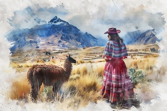 cholita woman of Bolivia with llama hight quality watercolor illustration in picturesque landscape with mountains