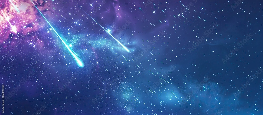 Poster meteor trails in the sky, beautiful star rain. shooting stars. three bright meteorites burn up in th