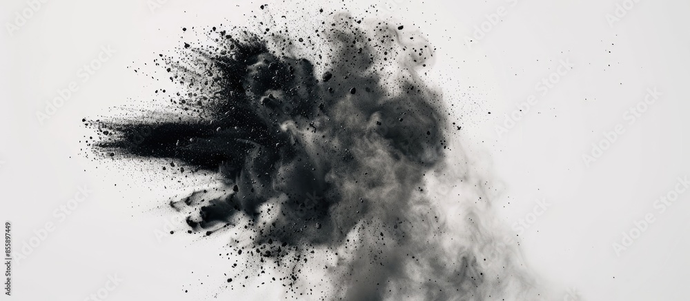 Poster black particles explosion isolated on pastel background. abstract dust overlay texture. copy space i