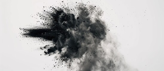 Black particles explosion Isolated on pastel background. Abstract dust overlay texture. Copy space image. Place for adding text and design