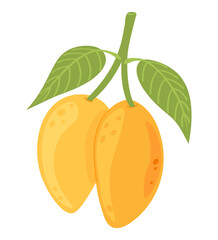 Twig with two ripe yellow mangoes in flat style on a white background