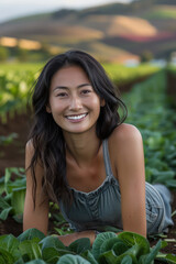 Naklejka premium Vibrant young woman smiling in a lush vegetable garden, enjoying nature and the bountiful harvest under the warm, golden sunlight of a beautiful day in the countryside