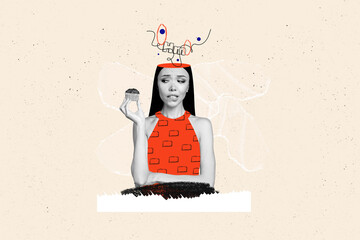 Composite photo collage of dissatisfied girl hold muffin want eat hunger diet forbidden desire...