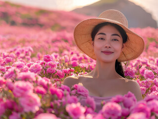 Woman in a Field of Blooming Pink Flowers Wearing a Straw Hat Under the Sun, Enjoying the Beauty of Nature, Serenity, and Tranquility on a Bright Sunny Day with a Mountain in the Background