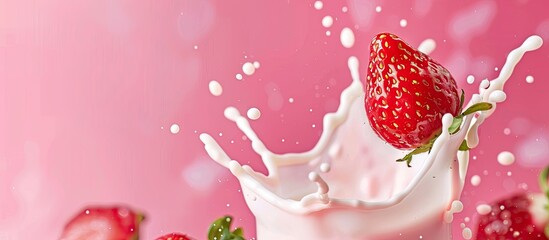 delicious fresh strawberry falling into splashing milk pastel background. Copy space image. Place for adding text and design