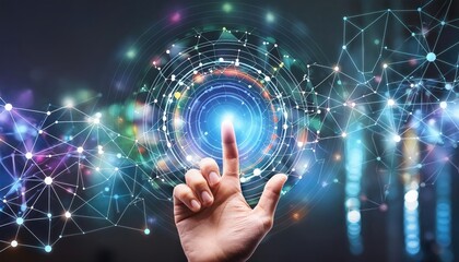 Molecules images, A man is touching atomic particles with his hands, images of molecules and atoms, Digital atom particles structure. 